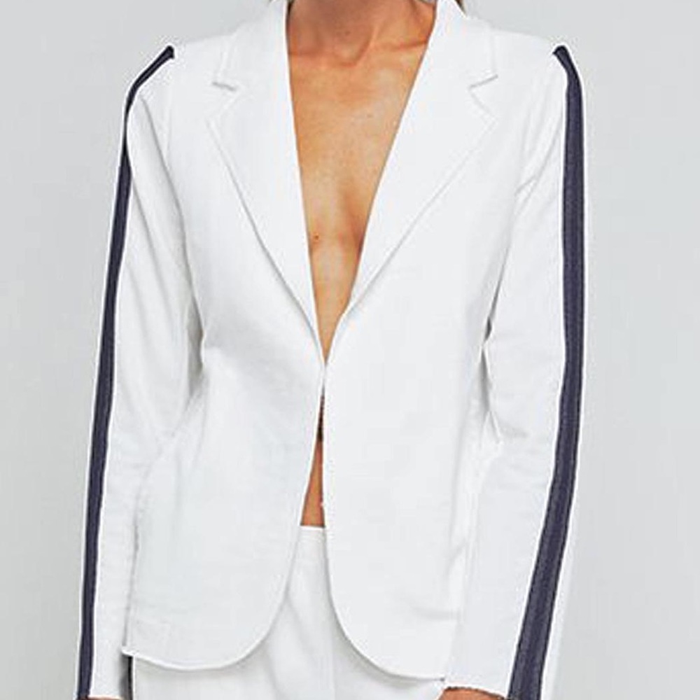 White Cotton Blazer with Navy Stripes